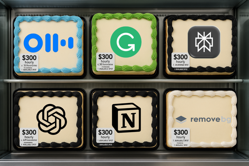 6 blank vanilla half-sheet cakes in a grocery store refrigerator. 3 top row, 3 bottom row - 1 cake has sky blue buttercream icing top border - 1 has green buttercream icing top border - 3 have black buttercream icing top border - 1 has white buttercream icing top border.  Each cake has a price sticker on the lower left denoting $300 hourly rate @ 20 hours/mo. "Best by" date: 1 Available Spot POV: Overhead, everything fully in view. Landscape.   
Annesa L Lacey ("Lacey"), a.L.interpretations Fractional AI and Brand Voice Conversion Copywriter, https://alinterpretations.dev