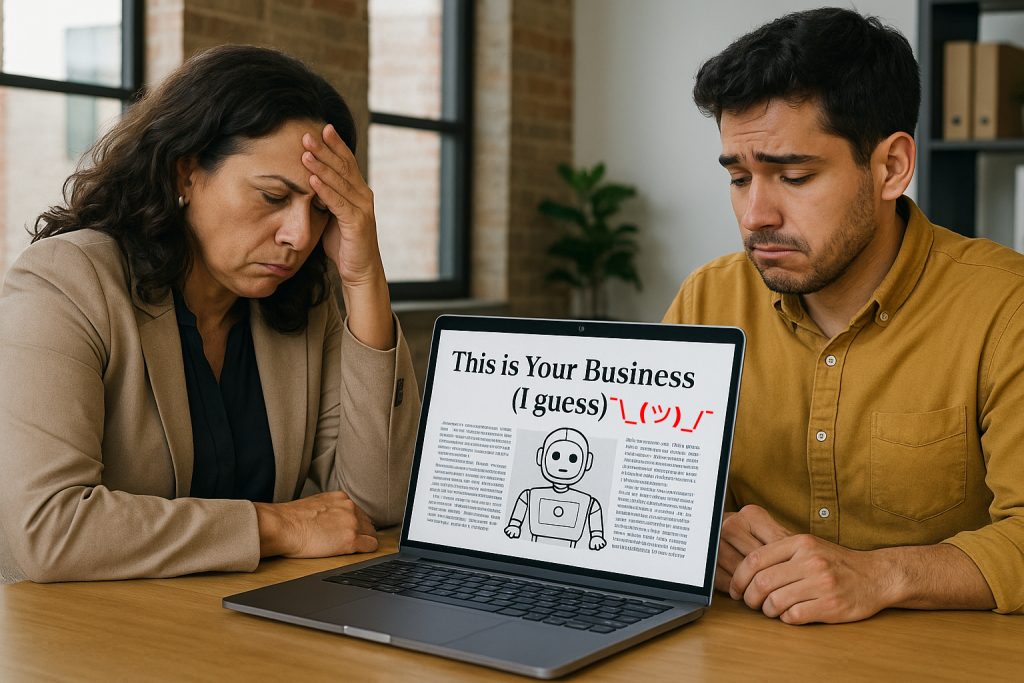 Two people, a distressed woman with her hand on her forehead and a sad man, look down at a laptop screen. The screen displays poorly written copy featuring a drawn robot, with the headline, "**This is Your Business (I guess)** ¯\\\_(ツ)\_/¯".   
Annesa L Lacey ("Lacey"), a.L.interpretations Fractional AI and Brand Voice Conversion Copywriter, https://alinterpretations.dev