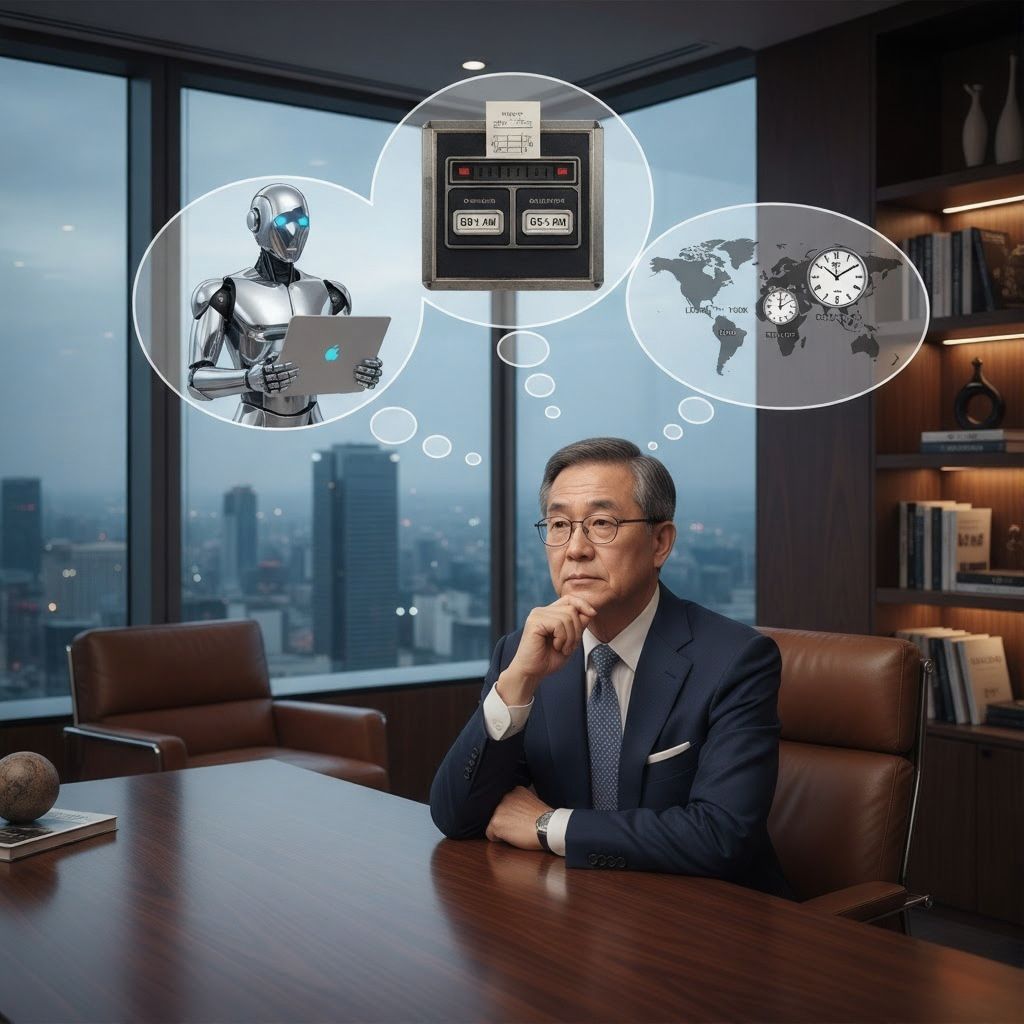 An older Asian male executive in his office is holding his chin, as if he's pondering something.  Thought bubbles appear above his head: an AI robot holding a laptop; a time card punch panel; various time zones.   
Annesa L Lacey ("Lacey"), a.L.interpretations Fractional AI and Brand Voice Conversion Copywriter, https://alinterpretations.dev
