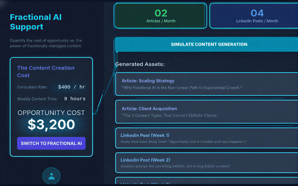 Dark blue simulation dashboard for Fractional AI support denoting the content creation cost as $400/hour per week averaging $3,200.  The dashboard shows example list of work performed, including 2 articles, and 4 LinkedIn posts.  Blue glow aesthetic.  
Annesa L Lacey ("Lacey"), a.L.interpretations Fractional AI and Brand Voice Conversion Copywriter, https://alinterpretations.dev