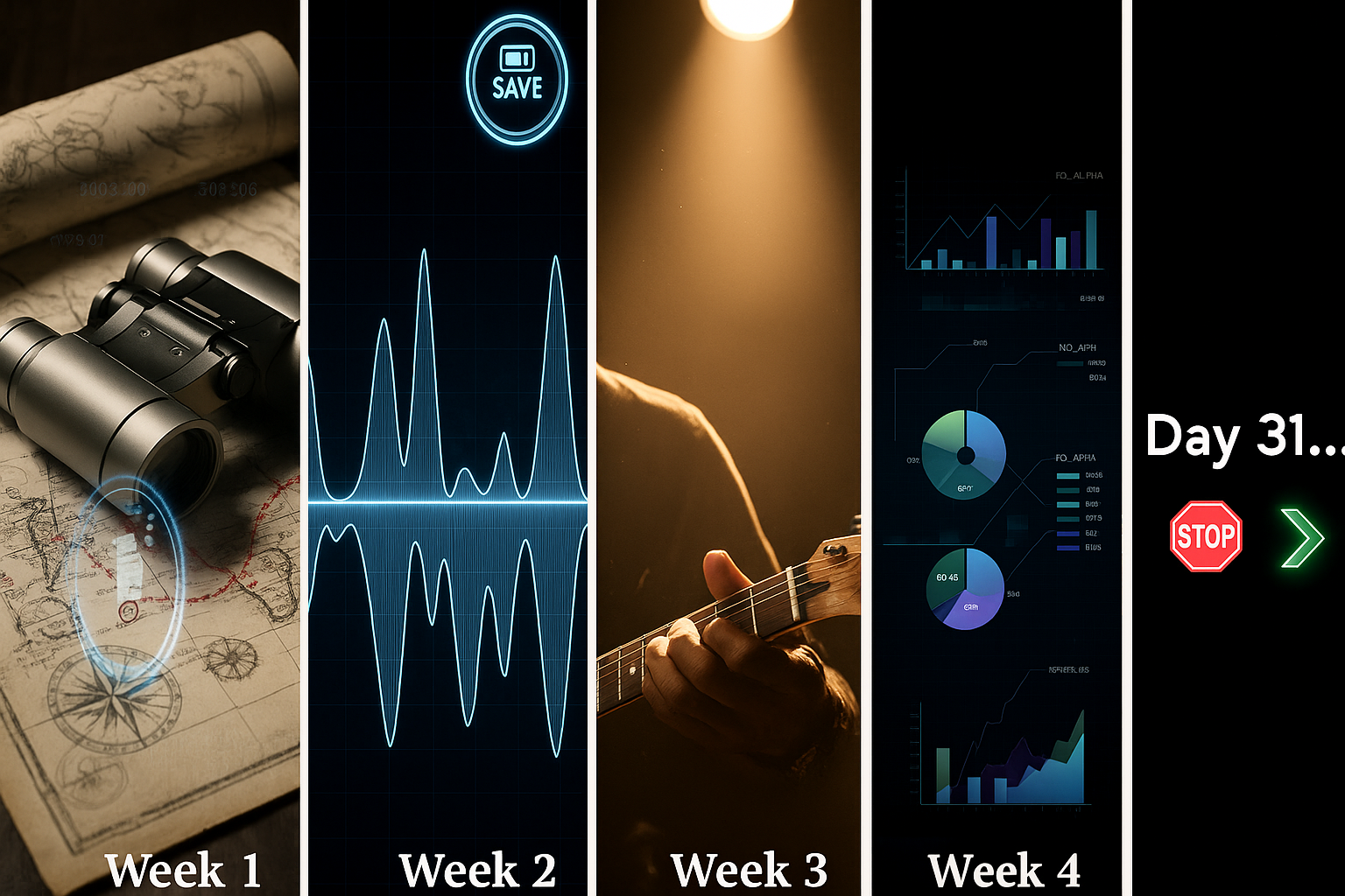 5  tall, vertical, high concept, HD, photographic panels: 
- 1st: Binoculars on top of a map.
- 2nd: Audio wave with a 'Save' button in upper right-hand corner.
- 3rd: A black male hand fine-tuning a guitar, with a stage light shining from behind that direction.
- 4th: 5D data analytic pie and bar chart with random high stats.
- 5th: "Day 31... 🛑 or ➡️   
Annesa L Lacey ("Lacey"), a.L.interpretations Fractional AI and Brand Voice Conversion Copywriter, https://alinterpretations.dev