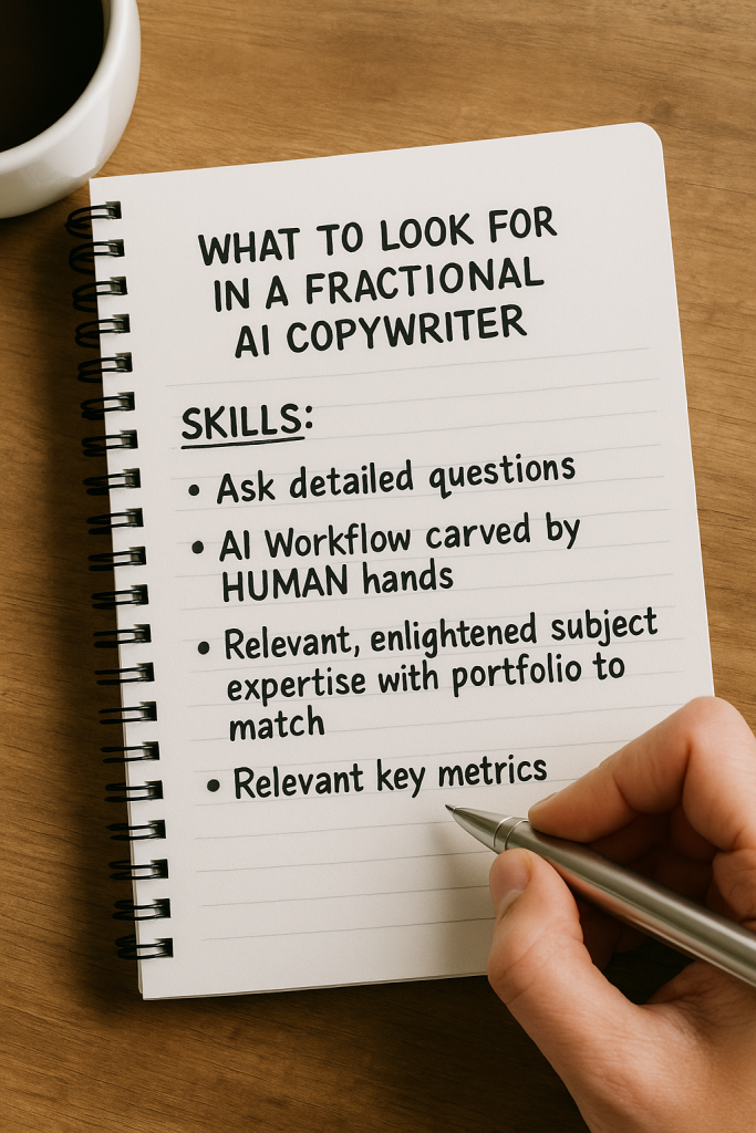 A handwritten list on a spiral notebook titled, "What to Look for in a Fractional AI Copywriter." The list includes: "Ask detailed questions," "AI Workflow carved by HUMAN hands," "Relevant, enlightened subject expertise with portfolio to match," and "Relevant key metrics." A hand holds a pen writing on the notebook, next to a coffee cup.   
Annesa L Lacey ("Lacey"), a.L.interpretations Fractional AI and Brand Voice Conversion Copywriter, https://alinterpretations.dev