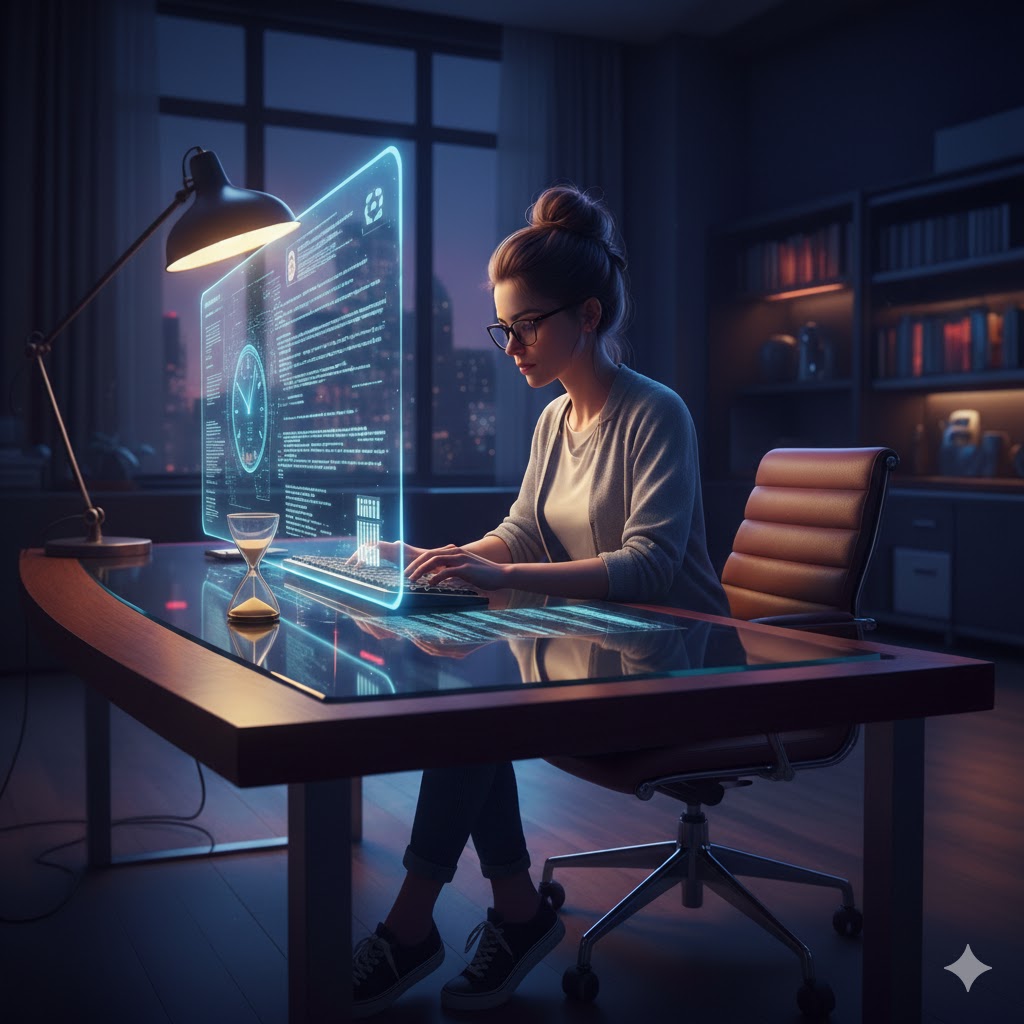 A young creative copywriter with brown hair tied in a bun, wearing glasses is working seamlessly against time / clock, while using AI.   
Annesa L Lacey ("Lacey"), a.L.interpretations Fractional AI and Brand Voice Conversion Copywriter, https://alinterpretations.dev